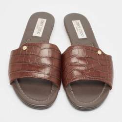 Pre Owned Jimmy Choo Brown Croc Embossed Leather Nanda Flat Sandals Size 39.5