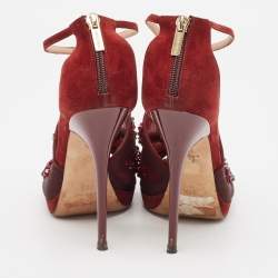 Jimmy Choo Burgundy Mesh and Suede Embellished Ankle Strap Sandals Size 38.5