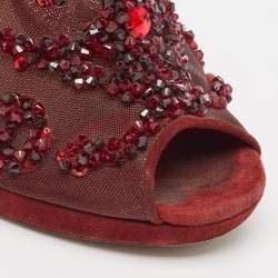 Jimmy Choo Burgundy Mesh and Suede Embellished Ankle Strap Sandals Size 38.5