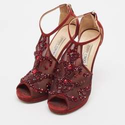 Jimmy Choo Burgundy Mesh and Suede Embellished Ankle Strap Sandals Size 38.5