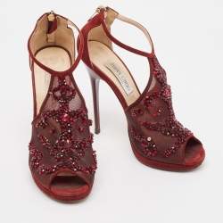 Jimmy Choo Burgundy Mesh and Suede Embellished Ankle Strap Sandals Size 38.5