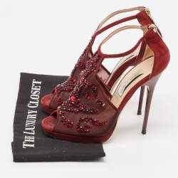 Jimmy Choo Burgundy Mesh and Suede Embellished Ankle Strap Sandals Size 38.5
