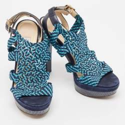 Jimmy Choo Two Tone Woven Leather and Python Ankle Strap Sandals Size 39