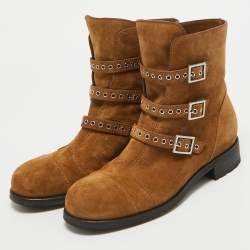 Pre Owned Jimmy Choo Brown Suede Dover Moto Boots Size 38