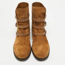 Pre Owned Jimmy Choo Brown Suede Dover Moto Boots Size 38