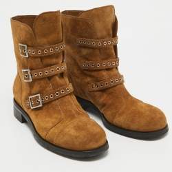 Pre Owned Jimmy Choo Brown Suede Dover Moto Boots Size 38