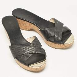 Jimmy Choo Black Textured Leather Prima Slide Sandals Size 38