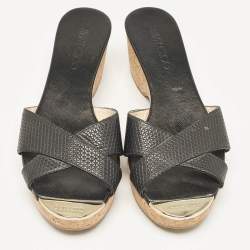 Jimmy Choo Black Textured Leather Prima Slide Sandals Size 38