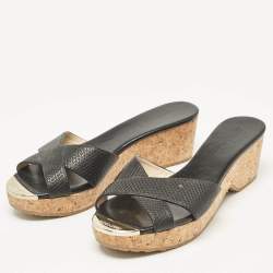 Jimmy Choo Black Textured Leather Prima Slide Sandals Size 38