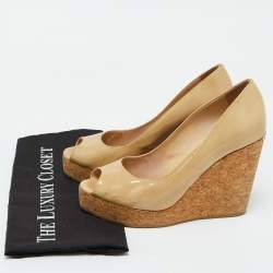 Pre Owned Jimmy Choo Beige Patent Leather Parley Cork Platform Wedge Pumps Size 39.5
