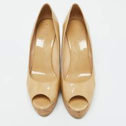 Pre Owned Jimmy Choo Beige Patent Leather Parley Cork Platform Wedge Pumps Size 39.5