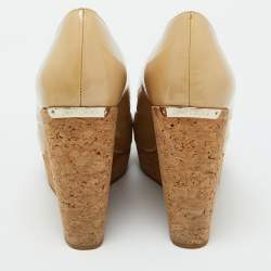 Pre Owned Jimmy Choo Beige Patent Leather Parley Cork Platform Wedge Pumps Size 39.5