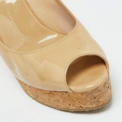 Pre Owned Jimmy Choo Beige Patent Leather Parley Cork Platform Wedge Pumps Size 39.5