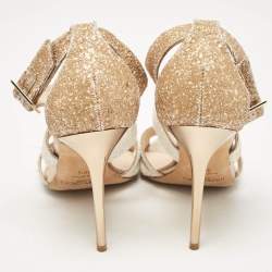 Jimmy Choo White/Brown Coarse Glitter Lottie Sandals Size 39.5