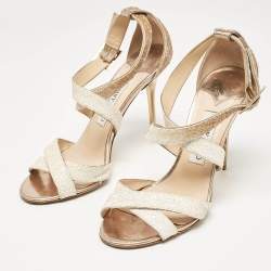 Jimmy Choo White/Brown Coarse Glitter Lottie Sandals Size 39.5