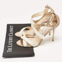 Jimmy Choo White/Brown Coarse Glitter Lottie Sandals Size 39.5