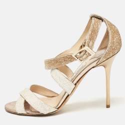 Jimmy Choo White/Brown Coarse Glitter Lottie Sandals Size 39.5