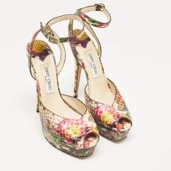 Jimmy Choo Multicolor Floral Python Lola Platform Sandals Size 39.5