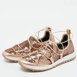 Jimmy Choo Rose Pink Metallic Leather and Sequins Andrea Sneakers Size 38
