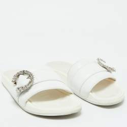 Jimmy Choo White Leather Crystal Embellished Flat Slides Size 41