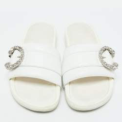 Jimmy Choo White Leather Crystal Embellished Flat Slides Size 41