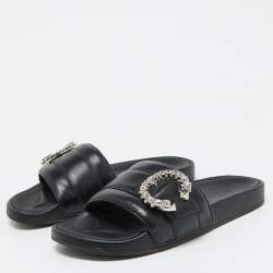 Pre Owned Jimmy Choo Black Leather Crystal Embellished Flat Slides Size 41