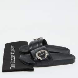 Pre Owned Jimmy Choo Black Leather Crystal Embellished Flat Slides Size 41