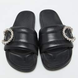 Pre Owned Jimmy Choo Black Leather Crystal Embellished Flat Slides Size 41