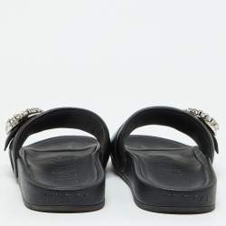 Pre Owned Jimmy Choo Black Leather Crystal Embellished Flat Slides Size 41