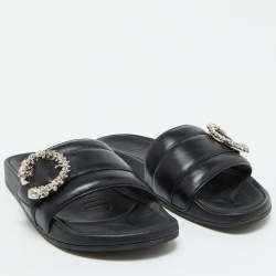 Pre Owned Jimmy Choo Black Leather Crystal Embellished Flat Slides Size 41