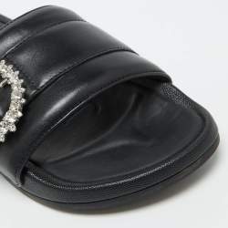 Pre Owned Jimmy Choo Black Leather Crystal Embellished Flat Slides Size 41