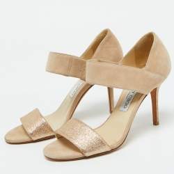 Jimmy Choo Beige Suede and Glitter Tesoro Strap Sandals Size 37.5