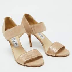 Jimmy Choo Beige Suede and Glitter Tesoro Strap Sandals Size 37.5