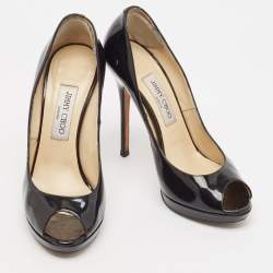 Jimmy Choo Black Patent Leather Cosmic Peep Toe Pumps Size 38.5