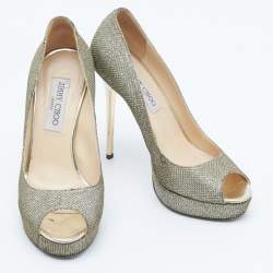 Jimmy Choo Silver/Gold Lurex Fabric Dahlia Peep Toe Pumps Size 38
