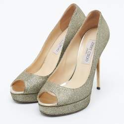 Jimmy Choo Silver/Gold Lurex Fabric Dahlia Peep Toe Pumps Size 38