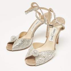 Jimmy Choo Beige Suede Crystal Embellished Sacora Ankle Strap Sandals Size 38.5