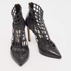 Jimmy Choo Black Leather Sheldon Caged Ankle Length Boots Size 36.5