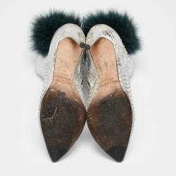 Jimmy Choo Silver Python Embossed Leather and Fur Ankle Length Boots Size 36.5