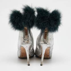 Jimmy Choo Silver Python Embossed Leather and Fur Ankle Length Boots Size 36.5