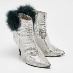Jimmy Choo Silver Python Embossed Leather and Fur Ankle Length Boots Size 36.5