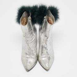 Jimmy Choo Silver Python Embossed Leather and Fur Ankle Length Boots Size 36.5
