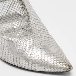 Jimmy Choo Silver Python Embossed Leather and Fur Ankle Length Boots Size 36.5