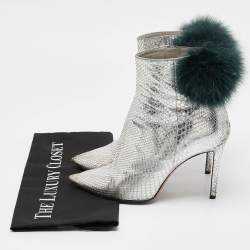 Jimmy Choo Silver Python Embossed Leather and Fur Ankle Length Boots Size 36.5