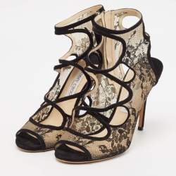 Pre Owned Jimmy Choo Black Lace and Suede Strappy Sandals Size 41
