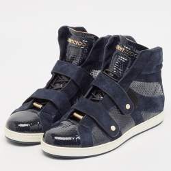 Jimmy Choo Navy Blue Suede and Patent Yazz High Top Sneakers Size 36.5