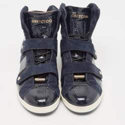 Jimmy Choo Navy Blue Suede and Patent Yazz High Top Sneakers Size 36.5