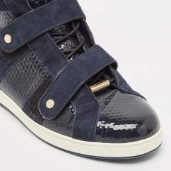 Jimmy Choo Navy Blue Suede and Patent Yazz High Top Sneakers Size 36.5