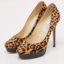 Jimmy Choo Brown/Beige Calf Hair and Leather Cosmic Platform Pumps Size 37.5