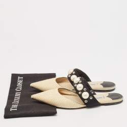 Jimmy Choo Cream/Black Canvas and Raffia Embellished Mules Size 37.5